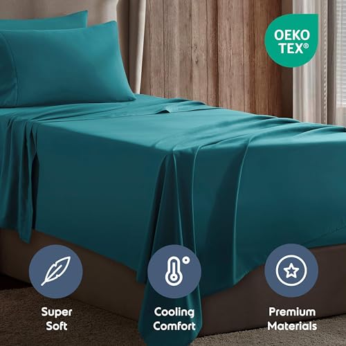 Image of Nestl Twin XL Bed Sheet Set - Teal - 3-Piece Deep Pocket | Instantly Soft, Night-One Ready (No Wash Required). Fits 16-Inch Deep Pockets, 360-Degree Elastic Grip