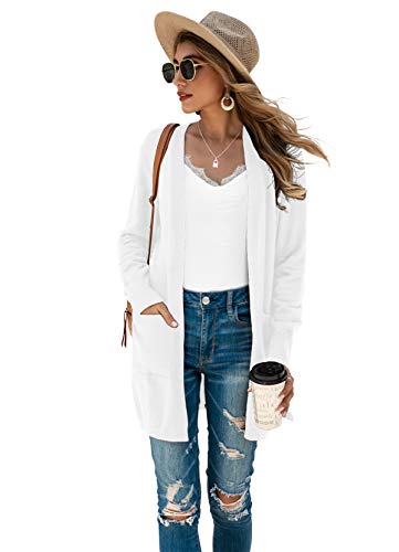 Tasamo Women's Long Sleeve Pocket Solid Color Knit Ribbed Neckline Cardigans (Small,White) #TOP5