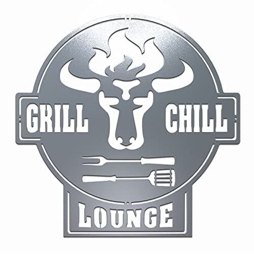 teileplus24 CG01 Gartenschild | Grill Schild | Stier + Grill & Chill Lounge | Edelrost | 41 x 40,5cm