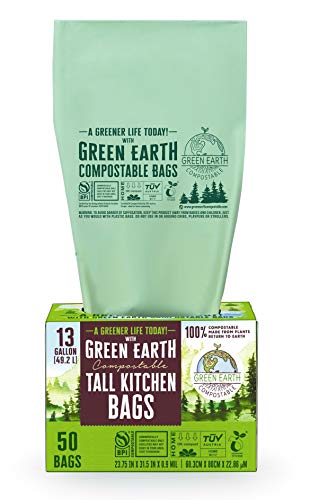 Green Earth Compostable Tall Kitchen Food Scrap Waste Bags, 13 Gallon, 49 Liter, 50-Count, Superior Strength 0.9 Mil Thickness, Astm D6400, Us Bpi & Europe Ok Compost Home Certified, Usa #TOP2