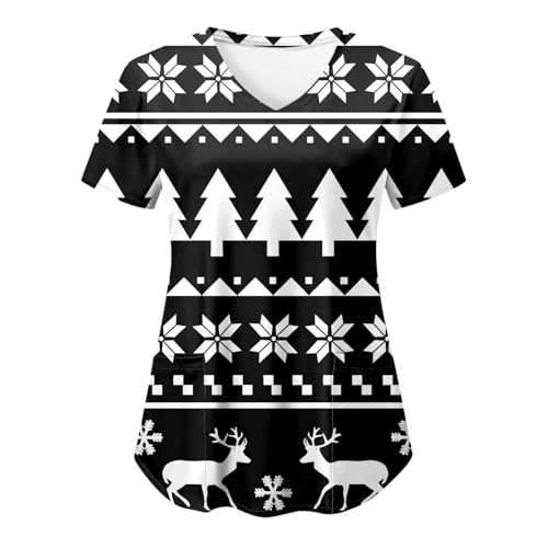 Uniforme de enfermera de Navidad para mujer, enfermeras, médicos, terapeutas, cuello en V, estampado de Papá Noel, muñeco de nieve, estampado navideño, uniforme de trabajo suelto con bolsillos, Negro,