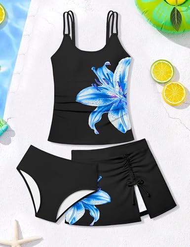 Image of Girls Swimsuit Tropical 3 Piece Tankini Adjustable Strap Bathing Suit Solid Modest Swimwear with Drastring Skirt 9-16y