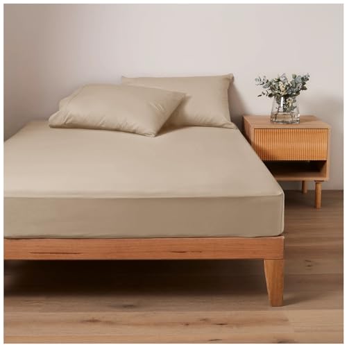 Luxurious Percale Wrinkle Free Fitted Bed Sheets Double Fetted Sheet Cotton Polyester Plain Dyed Bedding, Natural