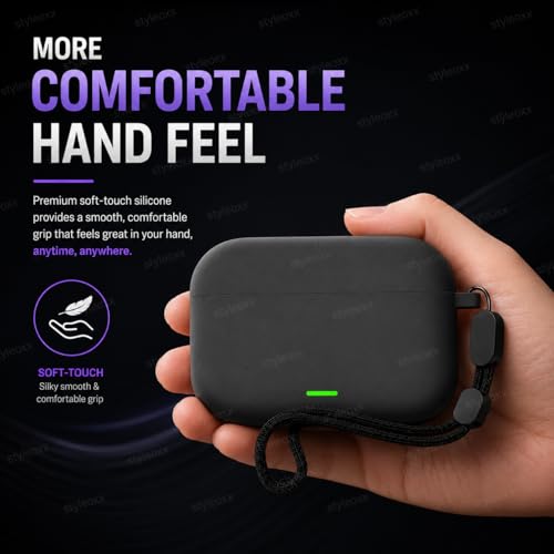 Image of Anvique Silicone Case Cover for Realme Buds T500 Pro, Shockproof Protective Earbuds Cover with Keychain Hook, Anti-Scratch Soft Silicone Skin, Full Body Protection Case (Black Lanyard)