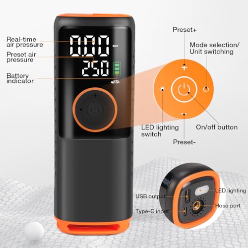Image of Rechargeable Cordless Tire Inflator - 150 PSI Gauge Portable Air Compressor with 3 Needles, Electric Air Pump for All Sports Balls, Car, Bike, Motorcycle