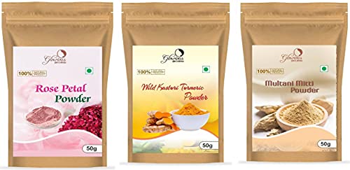 Image of Combo Pack of 3 Pure & Natural, Rose Petal Powder, Multani Mitti Powder & Kasturi Turmeric Powder For Face & Skin, 150gms(50gX3)