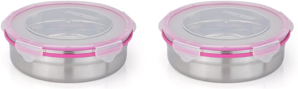 STEELLOCK Stainless Steel Container/Dabba with 4 Side Clip Lock see through Lid for Office & School Use/Food Grade/Air Tight/Easy to Carry/Leak Proof (SL-1501-2pcs X 1300 ml, Pink)