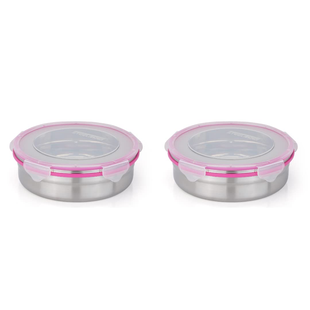 STEELLOCK Stainless Steel Container/Dabba with 4 Side Clip Lock see through Lid for Office & School Use/Food Grade/Air Tight/Easy to Carry/Leak Proof (SL-1501-2pcs X 1300 ml, Pink)