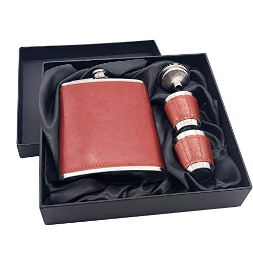 7 Oz Stainless Steel Hip Flask Gift Set Brown Leather with 2 Cups