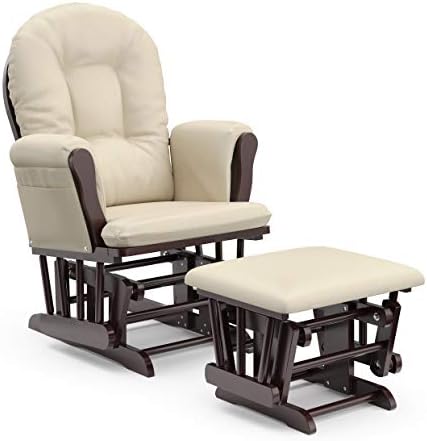 Storkcraft Premium Hoop Glider and Ottoman (Espresso Base, Beige Cushion) – Padded Cushions with Storage Pocket, Smooth Rocking Motion, Easy to Assemble, Solid Hardwood Base