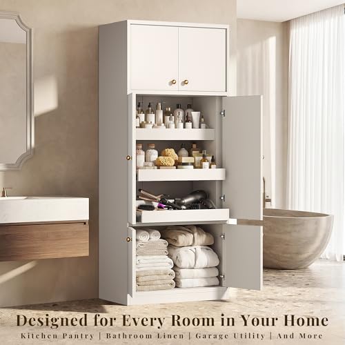 Image of 71 Inch Tall Kitchen Pantry Cabinet with Pull Out Drawers, Modular Concealed Storage Hutch, Expandable Wall System, Heavy Duty Thickened Panels, Freestanding Kitchen Organizer, White