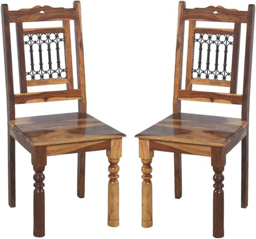 Image of Solid Sheesham Wood Set of Four Dining Chairs with Iron Back for Dining Room | Study Room | Finish Color - Natural Finish |
