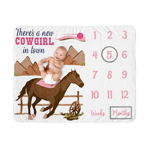 Image of Sweet Jojo Designs Western Cowgirl Girl Baby Milestone Blanket Newborn Monthly First Year Photo Growth Chart Infant Memory Gift Set Wild West Vintage Country Animal Horse Southwest Brown Pink Blue Tan