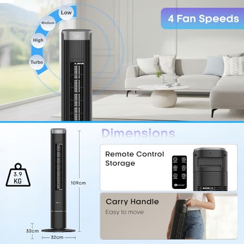 PureMate 43-Inch Tower Fan with Remote Control, Oscillating Bladeless Cooling Fan, 4 Speeds & 4 Wind Modes, 12 Hour Timer, LED Display, Portable Quiet fan for Bedroom Office and Home - Black - Image 6