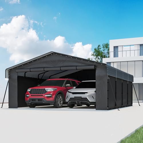 Image of 20x20FT Heavy Duty Metal Carport,Outdoor Garage with Removable Sidewalls & Doors, Heavy Duty Steel Frame and Galvanized Roof for Cars and Boats, Gray