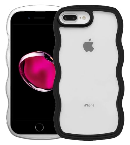 Image of GoldKart iPhone 7 Plus / 8 Plus Case Wavy Edge Clear Back Design, Anti-Slip Grip Cute Wave Curly Frame Shape Shockproof Soft TPU & Hard PC Bumper Protective Phone Case Cover for Women Girls - Black