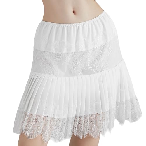Risipu Ruffle Skirt for Women Y2K Lace Asymmetrical Mini Skirt with Floral Ruffle Hem Mesh Short Undeskirt for Casual, Party, Dating, Clubwear (UK, Alpha, L, Regular, Regular, White)