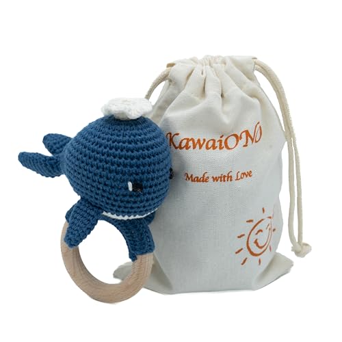 Image of KawaiOnO Handmade Cotton Crochet Amigurumi Rattle - Educational Baby Stuff for New Moms, Stuffed Animals for Infants, Baby Boy Stuff - Blue Whale with Wooden Handle - Perfect for Newborns and Toddlers