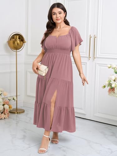 Image of SCOMCHIC Womens Plus Size Maxi Dress Formal Short Sleeve Square Neck Smocked Side Split Flowy A Line Tiered Long Dress