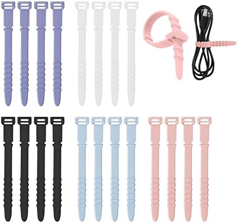 20 Pcs Silicone Zip Ties, Reusable Wire Ties 4.5'' Rubber Cable Ties Straps for Wire Management Home Office Table Organizer, Elastic Cord Ties in White, Black, Pink, Purple, and Blue