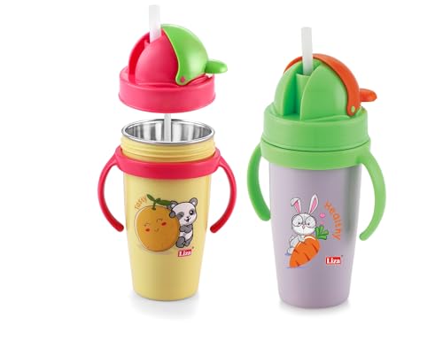 Image of Nabhya Inner Stainless Steel & Outer Plastic 360ml BPA-Free Cute Animal Design Baby Sipper Kids Water Bottle with Straw and Side Handle for Kids (Yellow & Purple - 2pc)