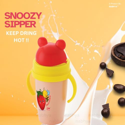 Image of Nabhya Inner Stainless Steel & Outer Plastic 360ml BPA-Free Cute Animal Design Baby Sipper Kids Water Bottle with Straw and Side Handle for Kids (Pink & Yellow - 2pc)