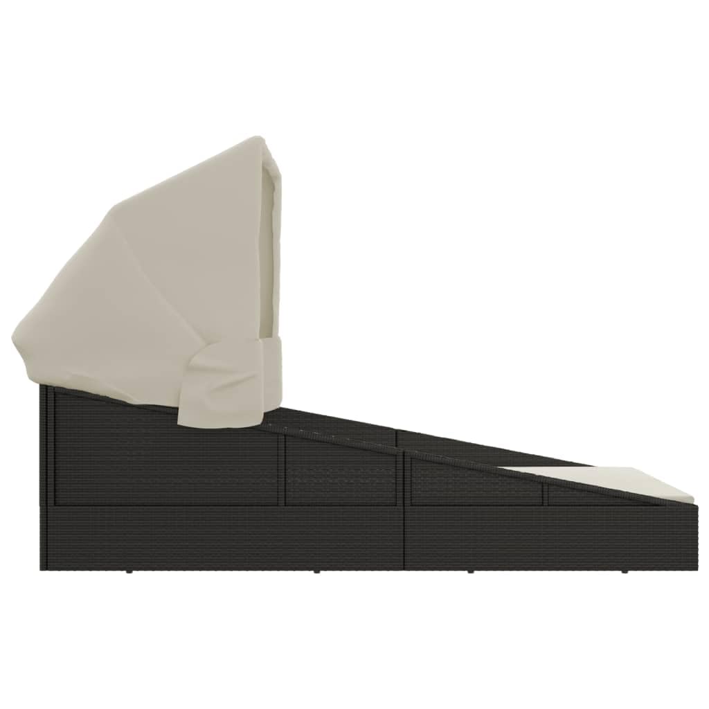 Lettino da giardino con tetto pieghevole, nero, 200 x 114 x 128 cm, in polyrattan, con tetto e protezione solare, per terrazza, balcone, piscina, spa, relax all'aperto