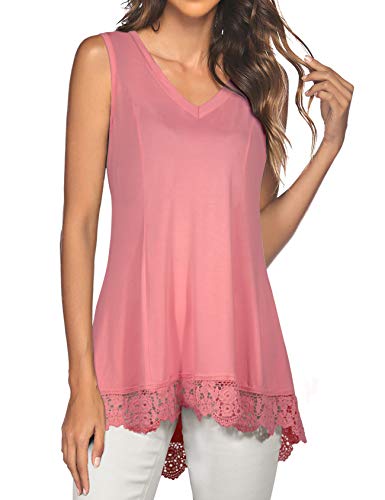 MUMUBREAL Women's Tunic Tops Summer Sleeveless V-Neck Lace Trim Tank Top Blouses(Pink,XXL)
