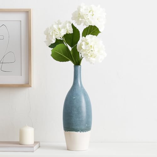Tall Ceramic Vase for Home Decor – Decorative Accent for Living Room, Office, and Room Decor – Two Tone Bottle Shape Flower Vase for Bedroom, House, or Table Display – 27" Blue & White