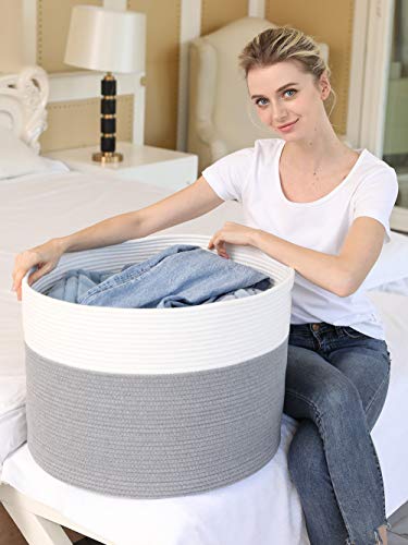 20" X 20" X 15" Extra Large Storage Basket With Lid, Cotton Rope Storage Baskets, Laundry Hamper, Toy Bin, For Toys Blankets Pillows Storage In Living Room Baby Nursery, Large Basket Grey With Cover #TOP3