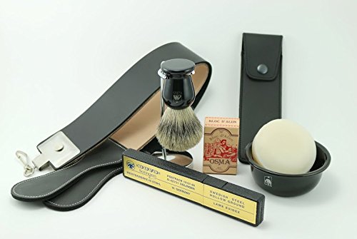 GBS Deluxe Wet Shaving Set – Dovo Straight Razor Black Folding Handle Carbon Blade, Leather Strop, Chrome Brush Stand, Ceramic Shave Bowl, Pure Badger Brush, Alum Block, Razor Case + Natural Soap