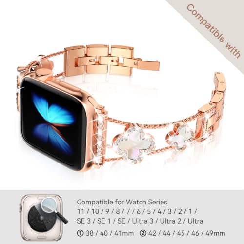 Image of Musk-MSKR Diamond Metal Bands Add Sparkle to Your Watch For Apple Watch Series 11 /10 /9 /8 /7 /6 /5 /4 /3 /2 /SE /Ultra Clover Simple and Stylish Compatible with 38mm40mm41mm42mm44mm45mm 46mm49mm Women's Wear