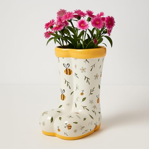 Image of New Ceramic Wellington Boot Planter – Bee Design – Fun and Colourful Garden Plant Pot for Flowers and Outdoor Decor A-56