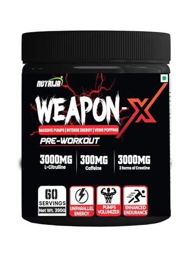 Image of NutriJa Weapon-X Pre-Workout Powder with 20 Active Ingredients -3 Best forms of Creatine, AAKG, Beta-Alanine, Caffeinated | Pumps, Viens Popping, Energy, Focus & Strength (60 Servings (Lychee))