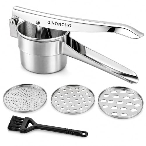 GIVONCHO Stainless Steel Potato Ricer, 15 oz Heavy Duty Potato Masher & Press with 3 Interchangeable Discs and Cleaning Brush for Smooth Mashed Potatoes, Vegetables & Baby Food