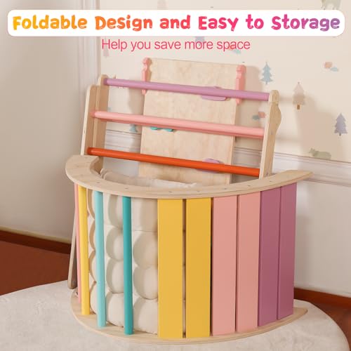 Image of Yopnoyik Pikler Triangle Set with Cushion Large, 5 in 1 Toddler Climbing Toys Indoor, Montessori Foldable Climbing Set for Kids, Wooden Playground Jungle Gym with Ramp, Arch and Ladder (Color-B)