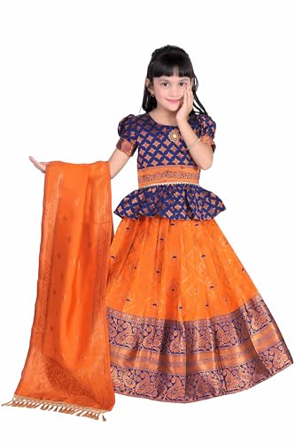 Image of Girls Pattu Pavadai Ready to Wear Lehenga, Blouse & Dupatta Set - Heavy Jacquard Fabric, Fully Stitched