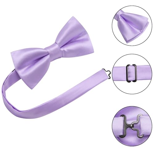 Image of Hi-Tie 5Pcs Mens Solid Color Silk Tie Satin Pretied Bowtie Lapel Pin for Men Handkerchief Cufflink Wedding Gift Box