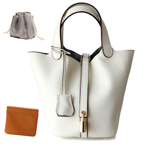 Genuine Leather Lock Design Bucket Bag Vegetable...