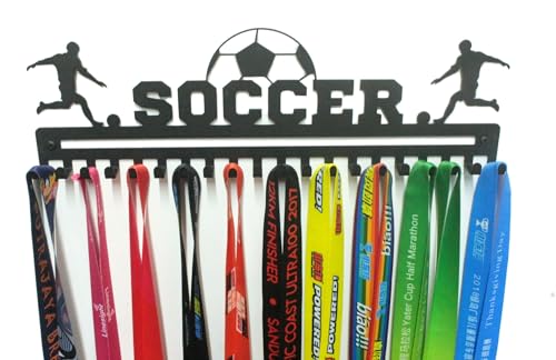 Boy Soccer Medal Hanger Display, Ribbon Holder Rack - Sports Metal Wall Mount Medal Holder Floating Shelves - 20 Easy Hanging Hooks & Easy Install Medal Rack - Great Gift for Kids or Adults (Black)