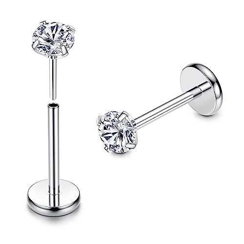 Adramata 2Pcs G23 Titan Lippenpiercing Labret Piercing Gewindeloses Einschieben Monroe Medusa Piercing CZ Opal Piercing Ohr Klein Nasenpiercing Stecker Conch Tragus piercing Silber Helix Piercings