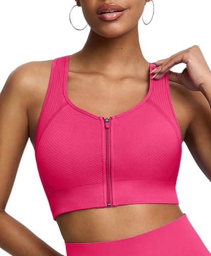 BRXL Front Zip Sports Bra Seamless Sewn in Pads Racerback Wide Straps Medium Impact for Running Yoga Gym Raspberry Red 3XL