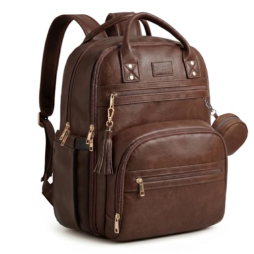 Image of ROSEGIN Premium Vegan Leather Diaper Bag Backpack with Waterproof Changing Pad, Reinforced Zippers & Odor-Free,20 Pockets Pro Organizer, Fits 15.6" Laptop, Stroller Straps, Baby Bag for Mom,Dark Brown