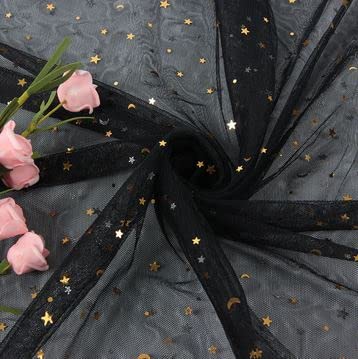 Happy EverydayGlitter Star Moon 6.5 Yard Length 1.6yard widthTulle Tutu Wedding Decoration Organza Laser DIY Craft Birthday Black