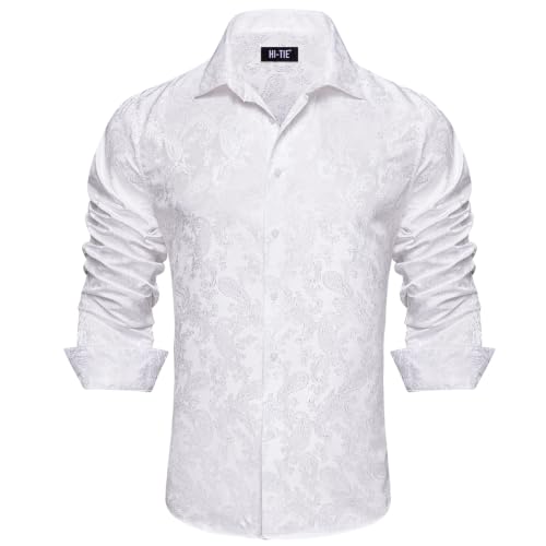 Image of Hi-Tie Men's Silk Satin Shirts Long Sleeve Button Up 70s Shiny Disco Shirt | Mens Satin Silk Shirt, Shiny Luxury Retro Party Prom Wedding Shirt, Nightclub Costume Dress Shirts, 70s Disco Shirt for Men