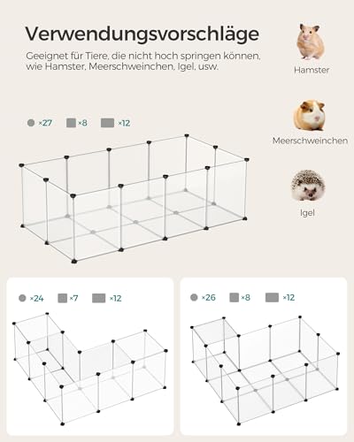 SONGMICS Freigehege mit Bodenplatten, Laufstall, Meerschweinchen Gehege, aus Kunststoff, Gehege für Hamster, Kaninchen, Igel, 140 x 70 x 45 cm, weiß LPC02W