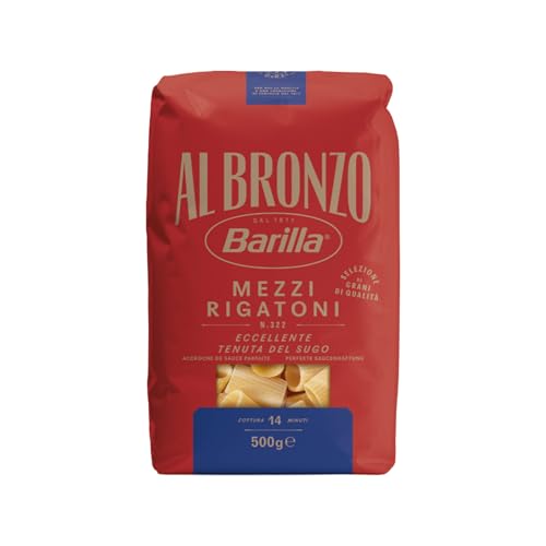 Barilla Pasta Al Bronzo Mezzi Rigatoni 500g I Nudeln aus Bronze-Formen, Saucenhaftung auf die italienische Art, 100% hochwertiger Hartweizen verleiht den vollmundigen Geschmack