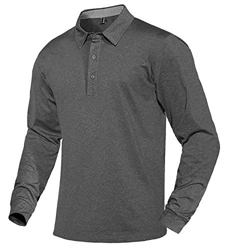 BIYLACLESEN Golf Polo Shirts for Men Jersey Polo Shirt Mens Solid Long Sleeve T Shirt Men Quick Dry Shirts Performance Polo T Shirt Dark Grey