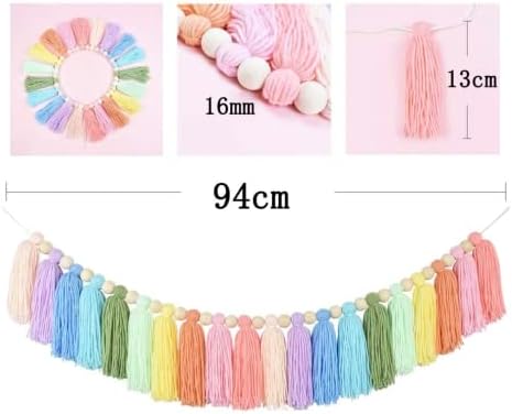 Pastel Coloured Boho Room Decor Tassel Garland | For Home, Office or Classroom | Chic Wall Tassle Decorations | Colourful Rainbow | Ideal for Kids or Nursery Room | Modern Decorative Accessories