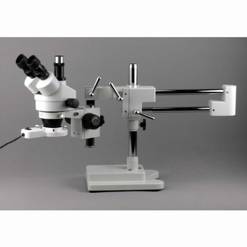 Image of AmScope SM-4TX-FRL Professional Trinocular Stereo Zoom Microscope, WH10x Eyepieces, 3.5X-45X Magnification, 0.7X-4.5X Zoom Objective, 8W Fluorescent Ring Light, Double-Arm Boom Stand, 110V-120V, Includes 0.5X Barlow Lens